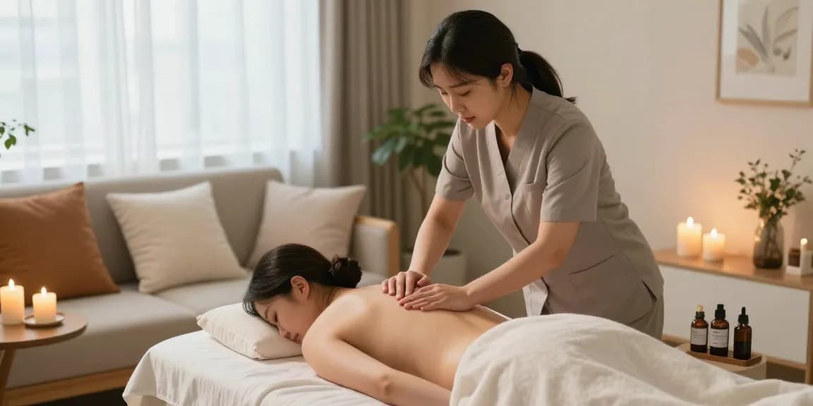 강남출장마사지 session in a cozy home, showcasing a professional therapist using aromatherapy oils.