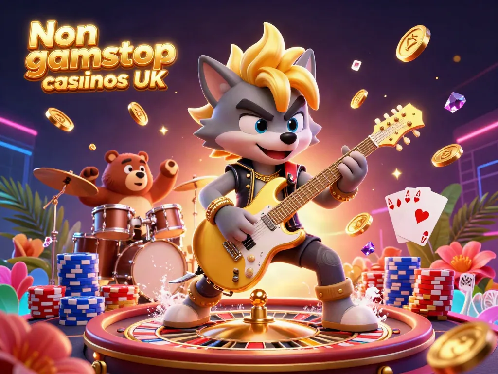 Experience thrilling action with Non gamstop casinos UK featuring a rock star wolf and a drummer bear on a vibrant casino stage.