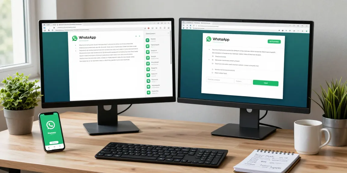 Workspace highlighting WhatsApp下載 with smartphone app open and dual monitors showing messaging features.