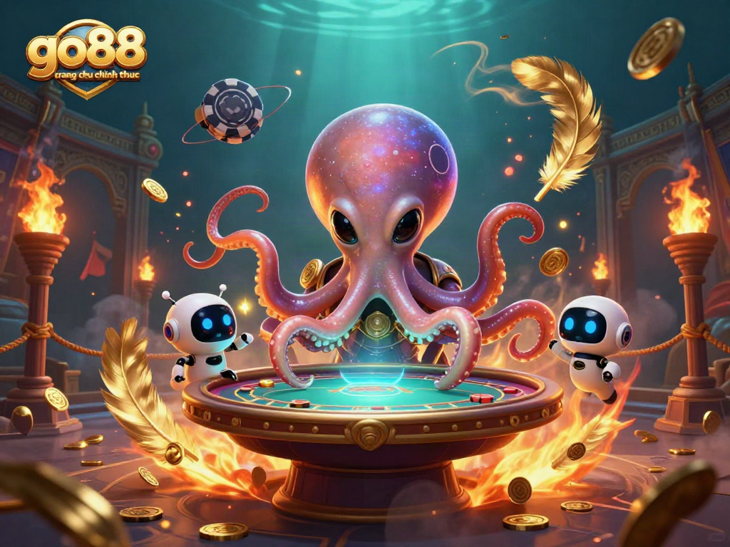 Engage in exciting gaming with go88 trang chu chinh thuc featuring a whimsical alien octopus and dynamic poker elements.