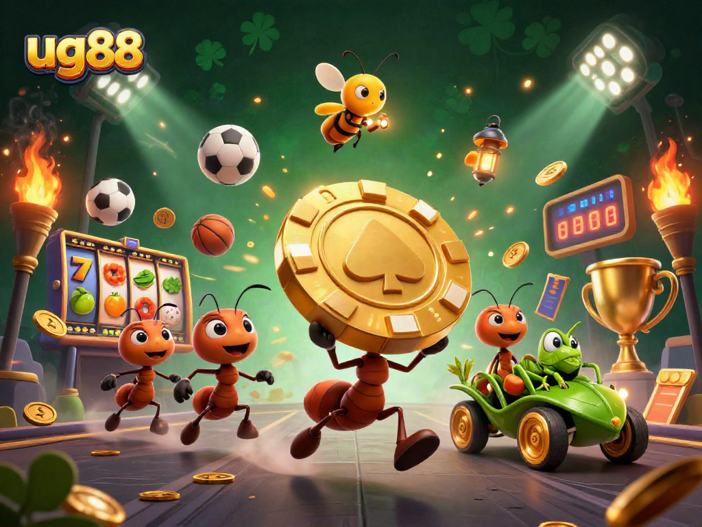 Engage with ug88's exciting gaming, featuring a cartoon heist scene with golden chips and sports elements.