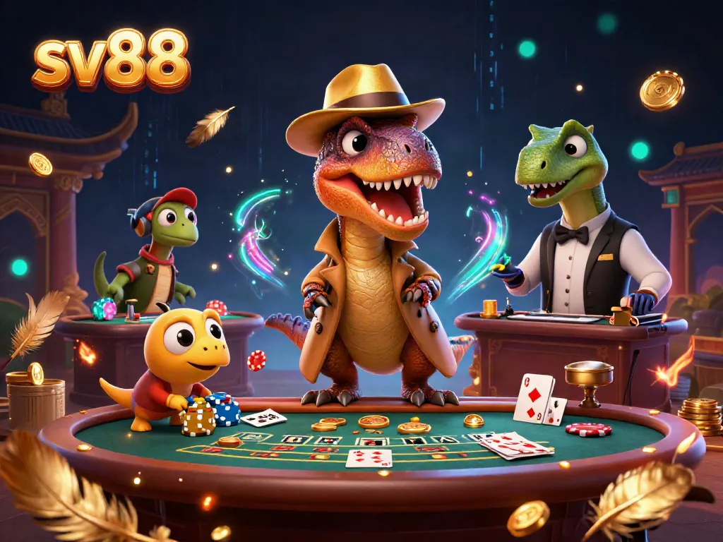 Engaging scene of sv88's live casino featuring a velociraptor card counter and other colorful characters amidst a thrilling gambling atmosphere.