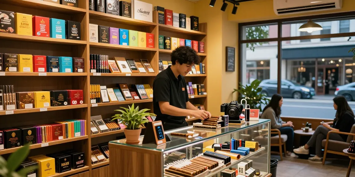 Customer exploring rokok88 super and tobacco products in a cozy smoke shop.