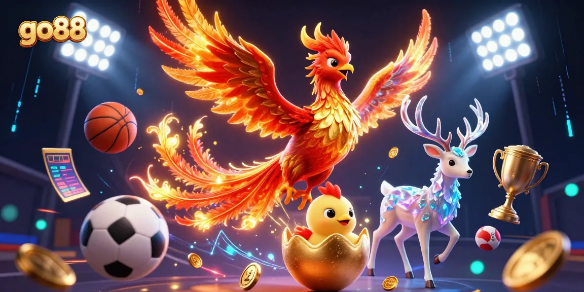 Experience the excitement of go88 with a phoenix soaring through a dynamic casino scene filled with sports elements.