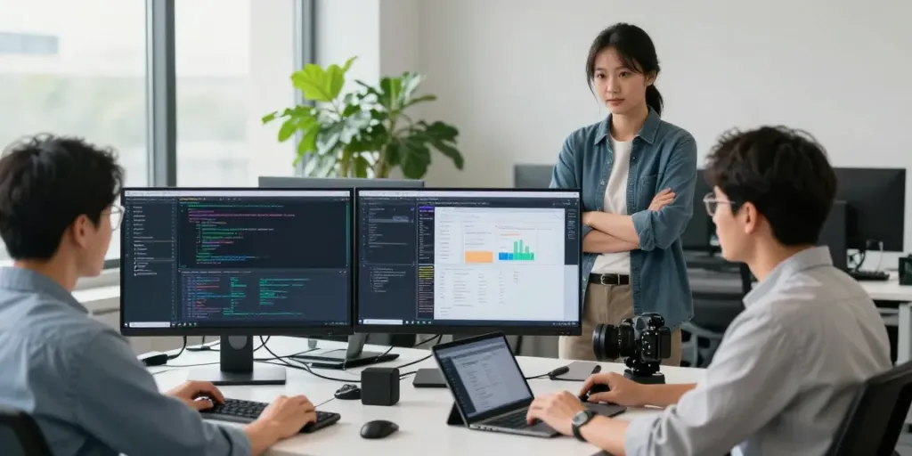 Instant indexing software development team collaborating in a modern office.