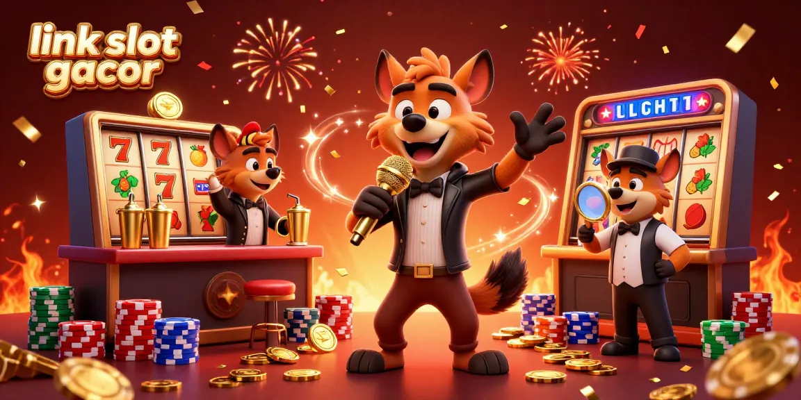 Hyenas running a comedy casino, featuring link slot gacor with vibrant slot reels and stunning game elements.
