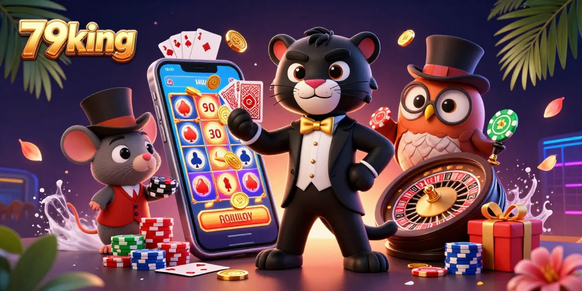 79king showcases a stylish 3D cartoon illustration of a panther dealing cards in a lively casino scene.