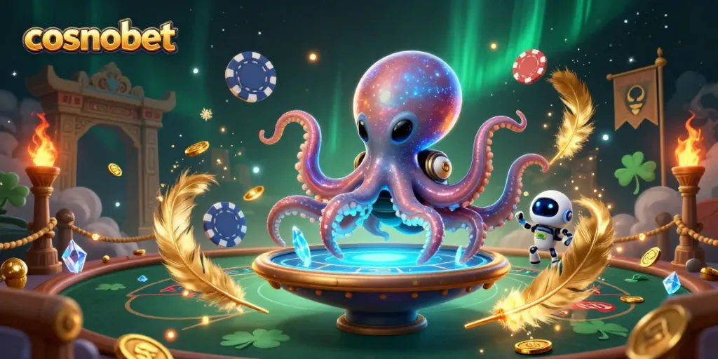 Join the action at Cosmobet with an alien octopus in a poker showdown, featuring vibrant casino elements.