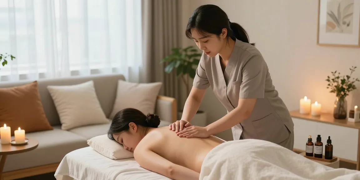 강남출장마사지 session in a cozy home, showcasing a professional therapist using aromatherapy oils.