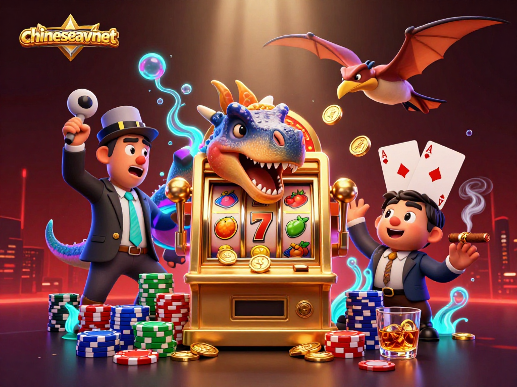 Chineseavnet showcases a vibrant jackpot scene with dinosaurs amidst dynamic casino action.