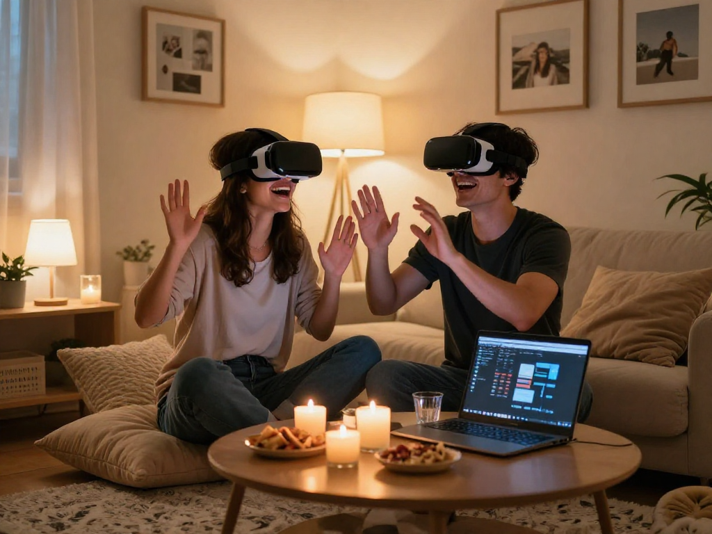 Couple enjoying a sex AI virtual reality experience at home, creating a cozy and romantic atmosphere.