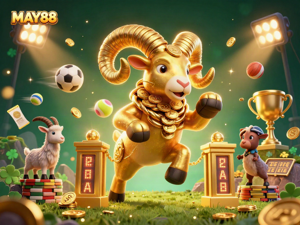 MAY88 boosts excitement with a golden ram charging at a casino gate amidst vibrant sports elements.