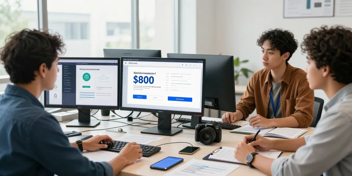 $800 loan application process with a diverse team collaborating and analyzing financial data in a modern office.
