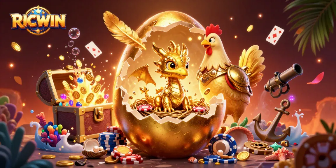 Play and win at RICWIN with a golden dragon emerging from poker chips in a lush casino.