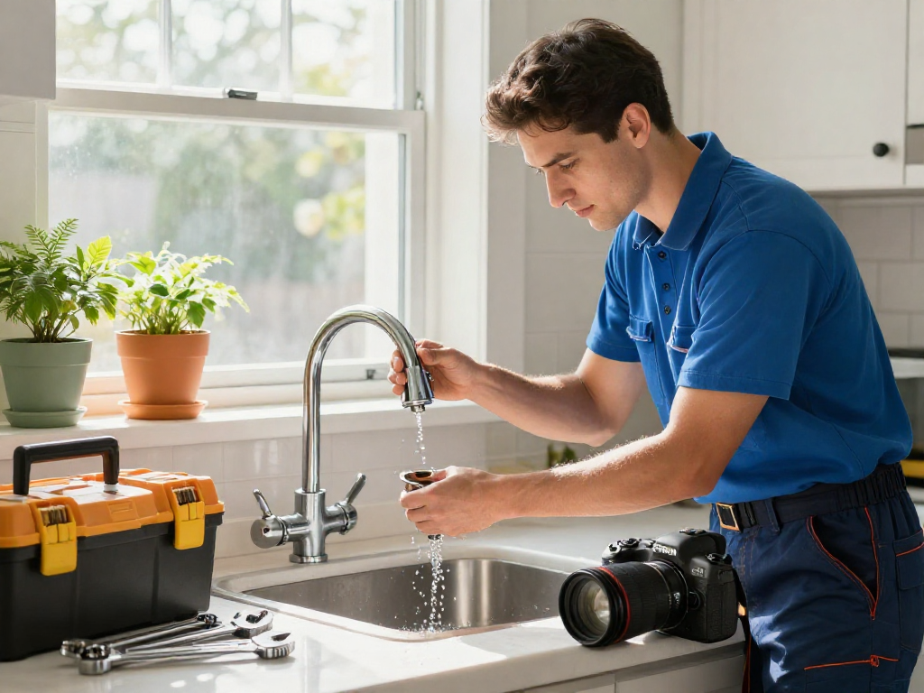 Professional plumber fixing a leak, showcasing plumbing service Fort Worth in a bright kitchen.