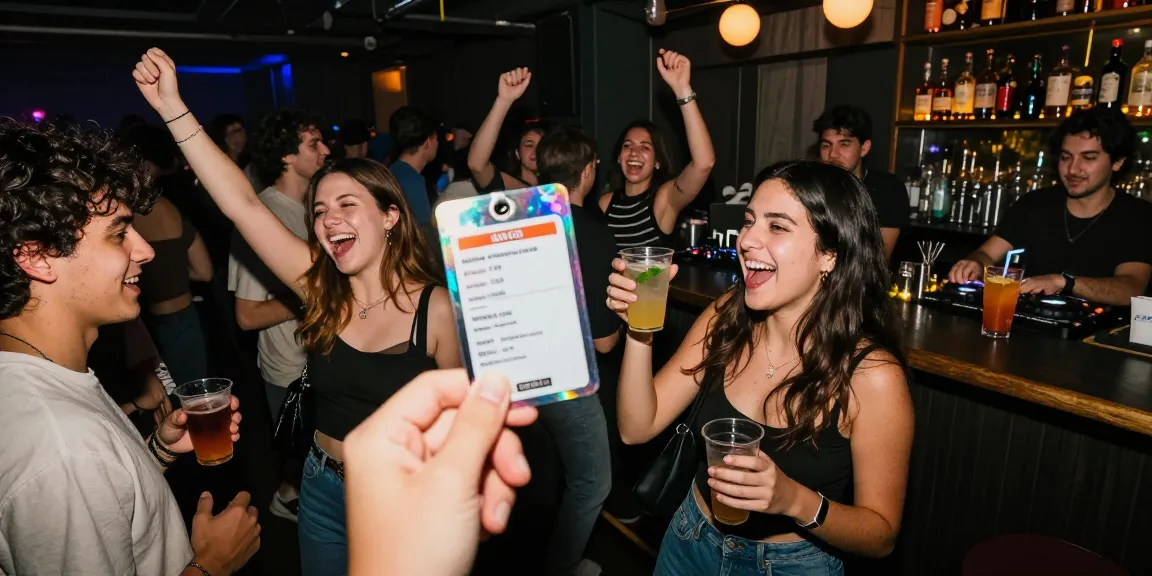 Group enjoying nightlife with Club21id in hand at a vibrant nightclub