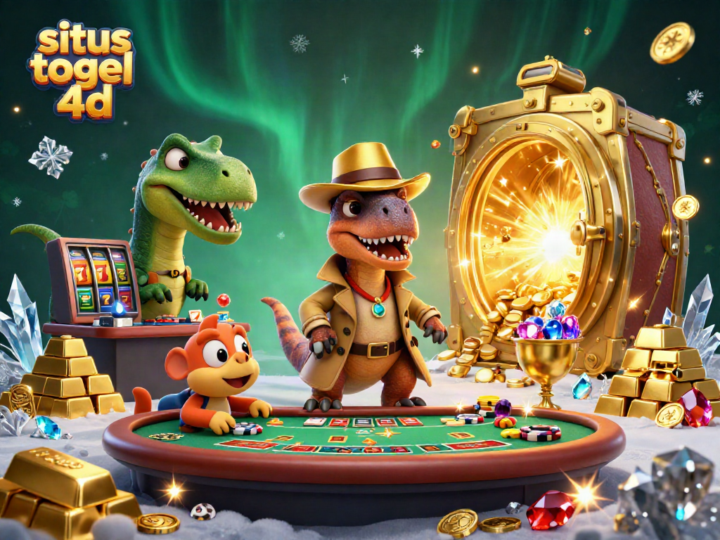 Engage with situs togel 4d in this vibrant 3D illustration of cartoon characters at a dynamic gambling table.
