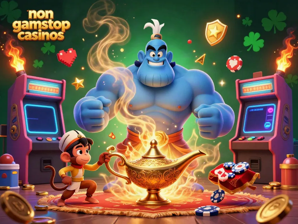 Experience non gamstop casinos through a rich, vibrant 3D scene featuring a magical genie and poker chips.