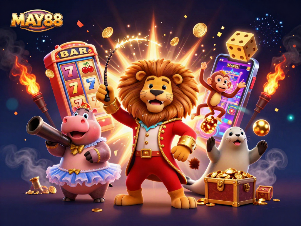 Engage with MAY88's ultimate slot machine experience surrounded by whimsical circus characters.