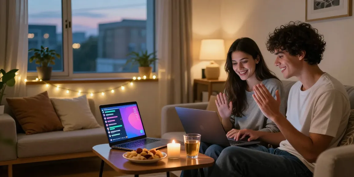 Couple enjoying a cozy sexchat in a warmly lit living room with laptops and intimate decor.