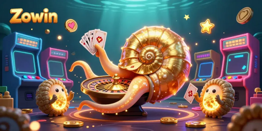 Zowin showcases a vibrant 3D casino scene featuring a giant nautilus roulette wheel and colorful game elements.