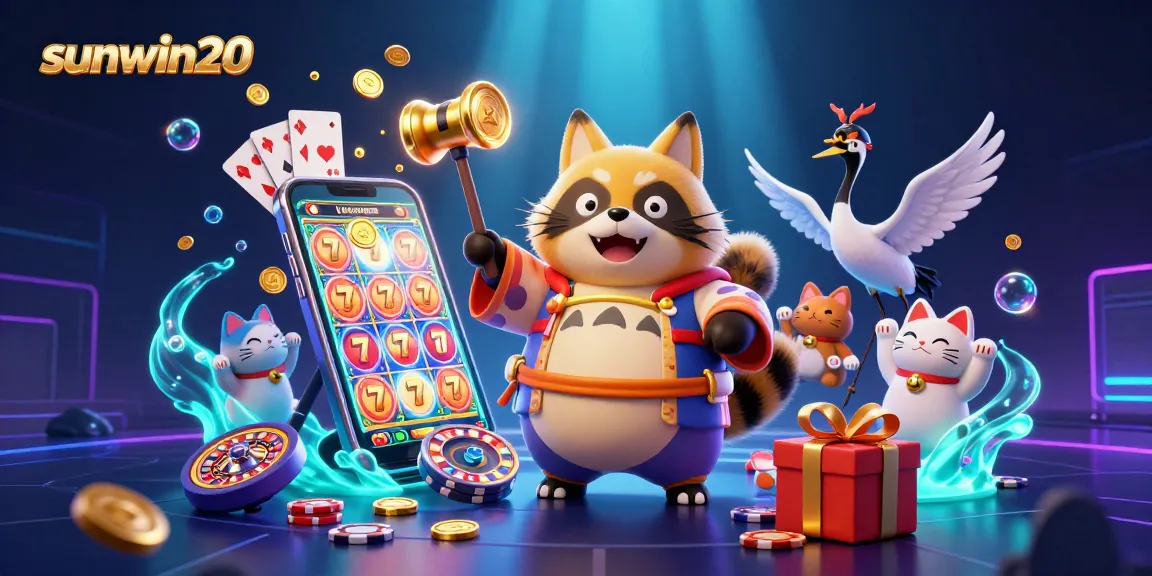 Join the fun at sunwin20 with adorable characters enjoying vibrant slot games and casino elements.