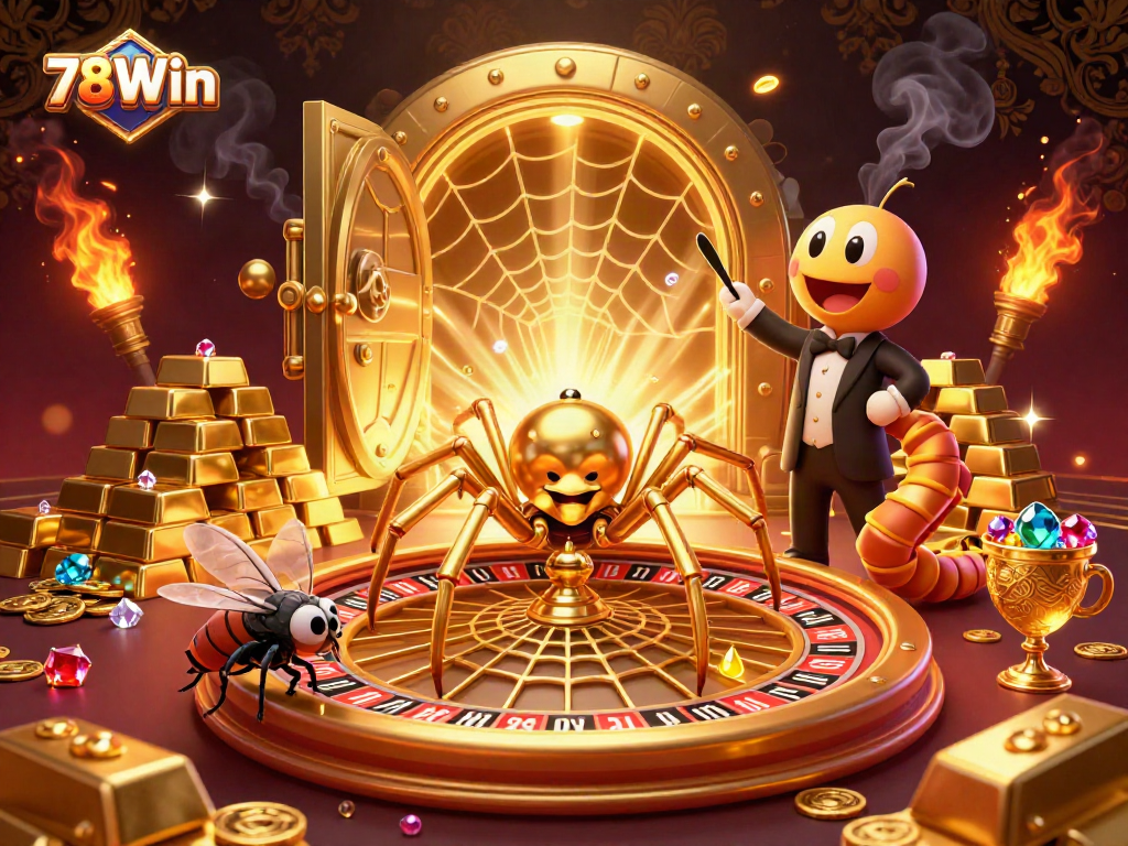 Engage with 78Win's vibrant casino scene featuring a cartoon spider, roulette wheel, and treasures.