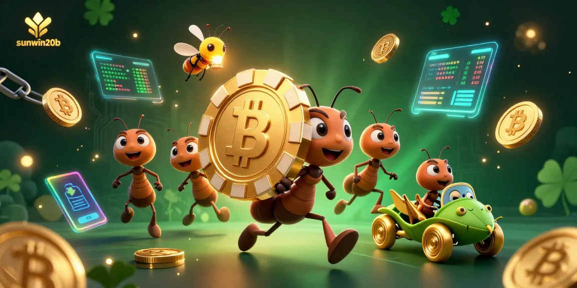 Experience the excitement of sunwin20b as cartoon ants heist a giant poker chip amidst cryptocurrency elements.
