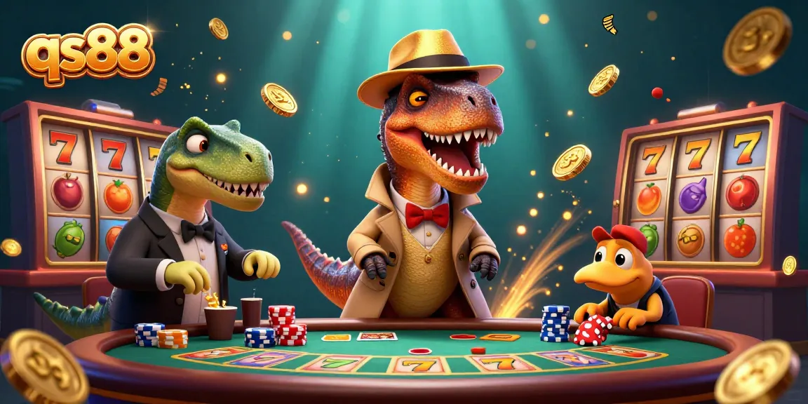 Experience thrilling gameplay at qs88 with a cartoon velociraptor card counter surrounded by casino elements.