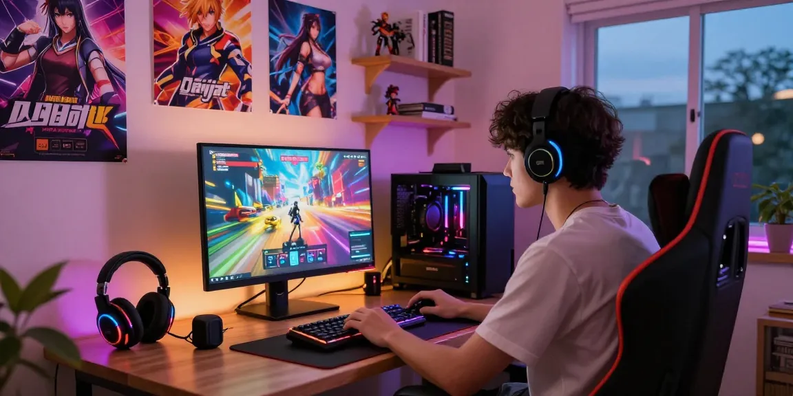Engaging player immersed in hentai games on a colorful gaming setup, showcasing vibrant room decor and cozy atmosphere.