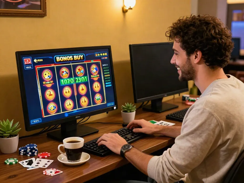 Happy player at computer enjoying Bonus Buy slots at https://stargazyinn.co.uk with vibrant graphics and cozy atmosphere.