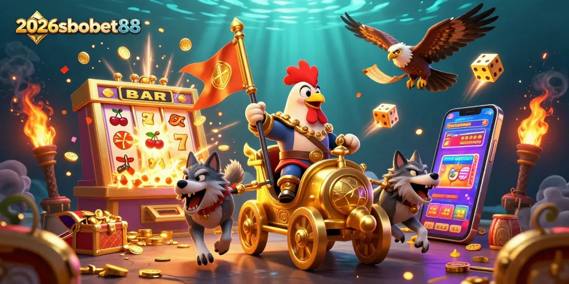 Experience the thrill of 2026sbobet88 with an epic 3D gambling scene featuring slot machines and festive elements.