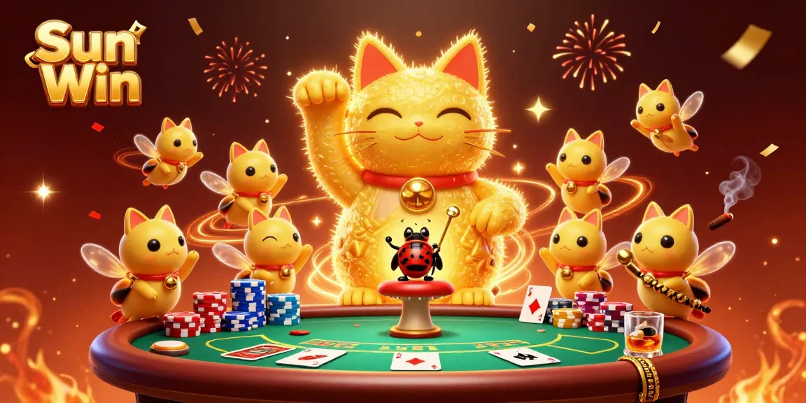 Experience thrilling gaming with Sun Win as a lucky cat waves among colorful poker elements.