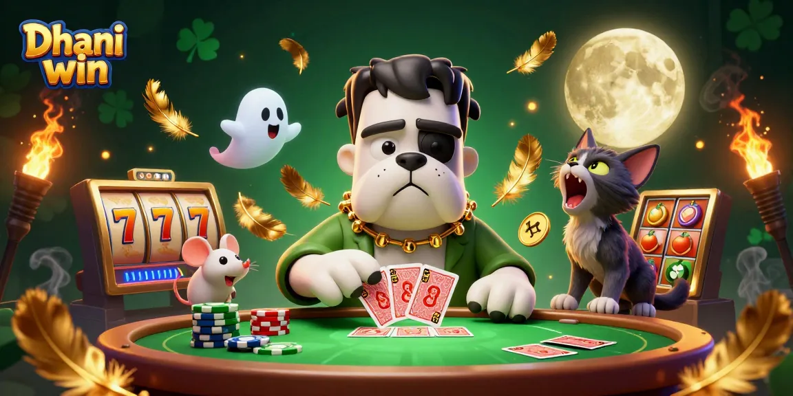 Dhani win featuring a lively gaming scene with characters and slot machines creating an engaging atmosphere.