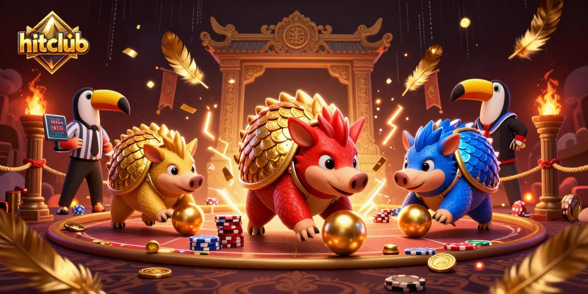 hitclub pangolins compete in a vibrant casino scene, rolling into poker chips with golden confetti.