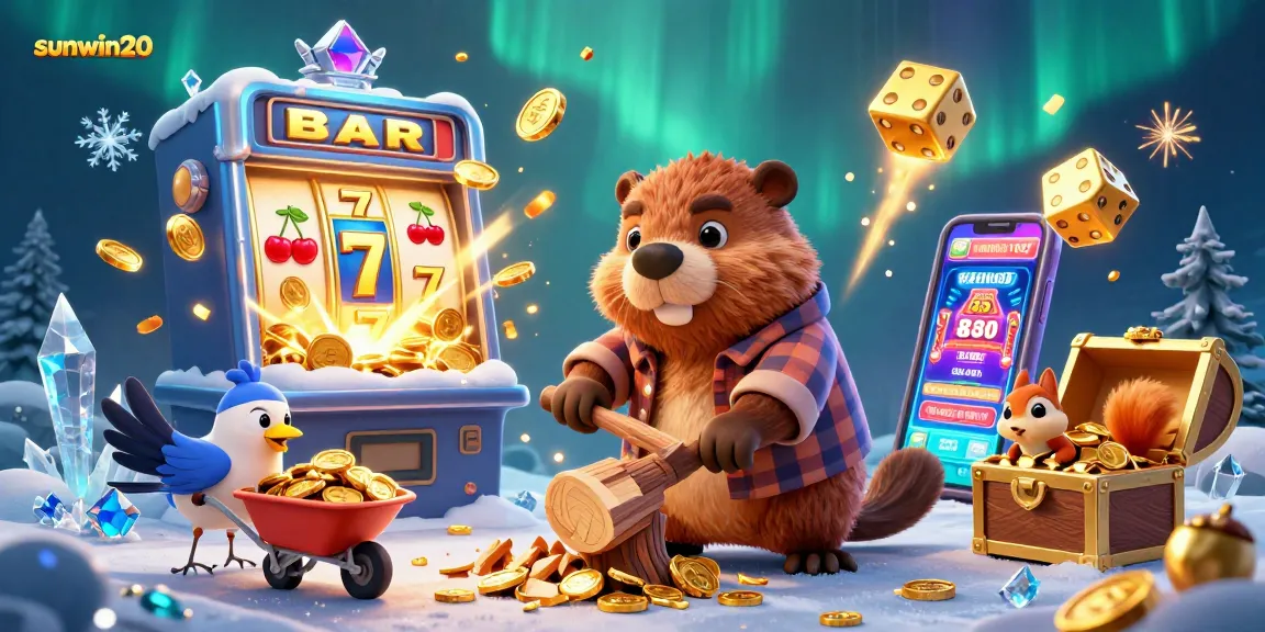Join the excitement at sunwin20, as the lumberjack beaver celebrates jackpot wins surrounded by coins and gaming elements.