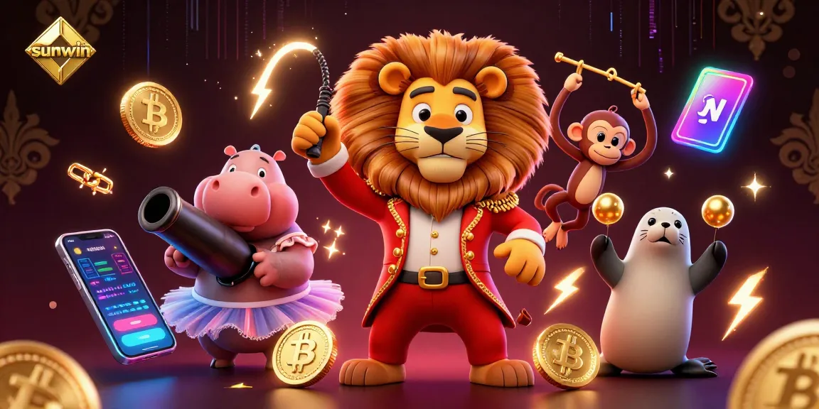 Spin the reels with sunwin as the lively characters surround glowing crypto elements and casino symbols.