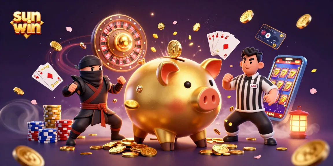 Experience the thrill of sun win with a dynamic scene featuring a piggy bank sumo wrestler and vibrant casino elements.